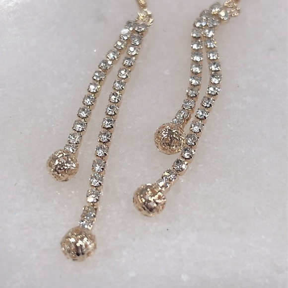 Double Golden Rhinestone Dangle Earrings - Picture 2 of 5